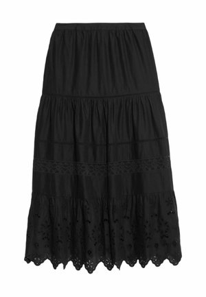 Zwarte gelaagde rok met elastische tailleband, kantinserts en een gegolfde zoom met bloemen uitgesneden borduursels.