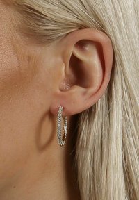 Guldörhängen med en texturerad yta, som har en dubbel-loopdesign och en polerad finish, hängande från ett piercat öra.