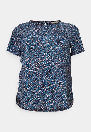 Tumesinine lilleline lühikeste varrukatega pluus, millel on mitmevärviline tillukeste lillede print. Ümar kaelus, mille taga on võtmeaugu detail.