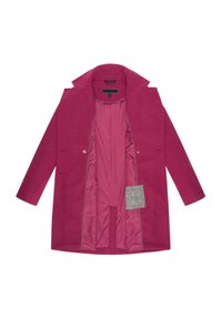 Fuchsia wollen blend jas met een notch-kraag, dubbele knoopsluiting en roze voering. Beschikt over een zorglabel aan de binnenkant en grijze stiksels.