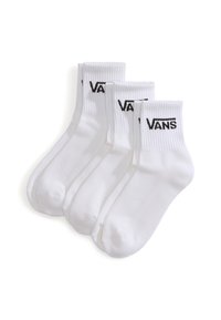 Vita bomullsstrumpor i fyrpack med ribbade muddar och svart "VANS"-logotyp framtill. Mjuk textur med en klassisk ankellängd.