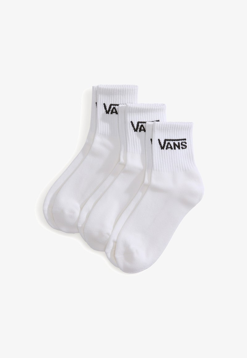 Set di quattro paia di calzini bianchi in cotone con bordi a costine e logo "VANS" nero sulla parte anteriore. Texture morbida con un design classico a lunghezza normale.