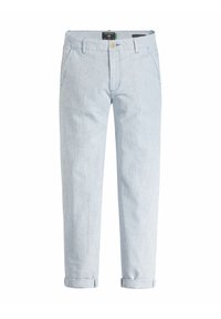 Lichtblauwe, gestreepte broek met een relaxte pasvorm, voorzien van een knoopsluiting, riemlussen en opgerolde boorden bij de enkels.