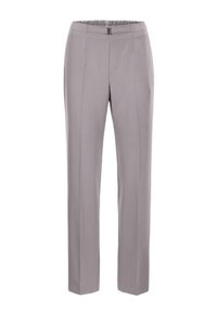 Grau maßgeschneiderte Hose mit einem lockeren Bund und einem kleinen Verschluss, vertikalen Nähten und einem glatten, leichten Stoff.