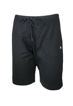 Pantalones cortos negros, ligeros, con una cinturilla elástica y cordón ajustable. Presenta un pequeño logo en la parte inferior de la pierna izquierda. Textura suave, ajuste casual.