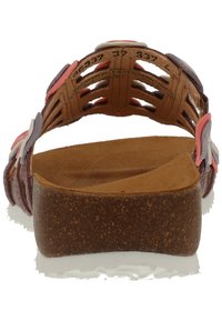 Brown leather sandal with multicolored floral accents, open back, contoured cork footbed, and textured outsole for grip.