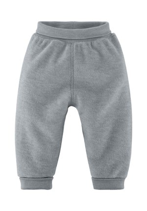 Zachte grijze babybroek met elastische tailleband en omgeslagen enkelboorden, gemaakt van een gezellig, gestructureerd stofje voor comfortabel draagcomfort.