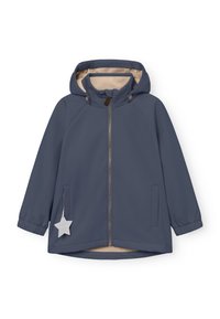 Marineblaue wasserdichte Jacke mit einer beige gefütterten Kapuze, Reißverschluss, elastischen Bündchen und einem sternförmigen Anhänger an der linken Tasche.
