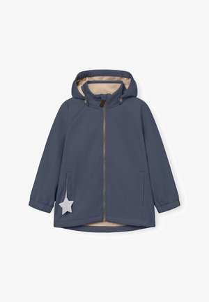 Marineblaue wasserdichte Jacke mit einer beige gefütterten Kapuze, Reißverschluss, elastischen Bündchen und einem sternförmigen Anhänger an der linken Tasche.