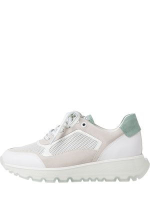 Shoe features a white leather and beige suede upper, mesh panels, light green accent on heel, and a thick, textured rubber sole.