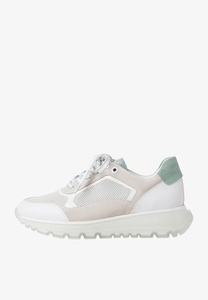 Shoe features a white leather and beige suede upper, mesh panels, light green accent on heel, and a thick, textured rubber sole.