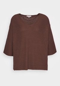 Maglione oversized a coste marrone con scollatura a V, spalle abbassate e vestibilità ampia. Realizzato in un tessuto morbido e con texture.