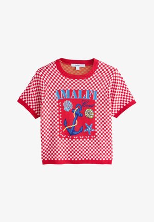 Rot-und-weißer karierten Kurzarm-Pullover mit gesticktem "AMALFI"-Design sowie Muschel- und Anker-Motiven.