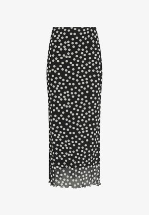 Zwarte midi-potloodrok met witte polka dots, doorschijnende zoom en een aansluitende pasvorm.