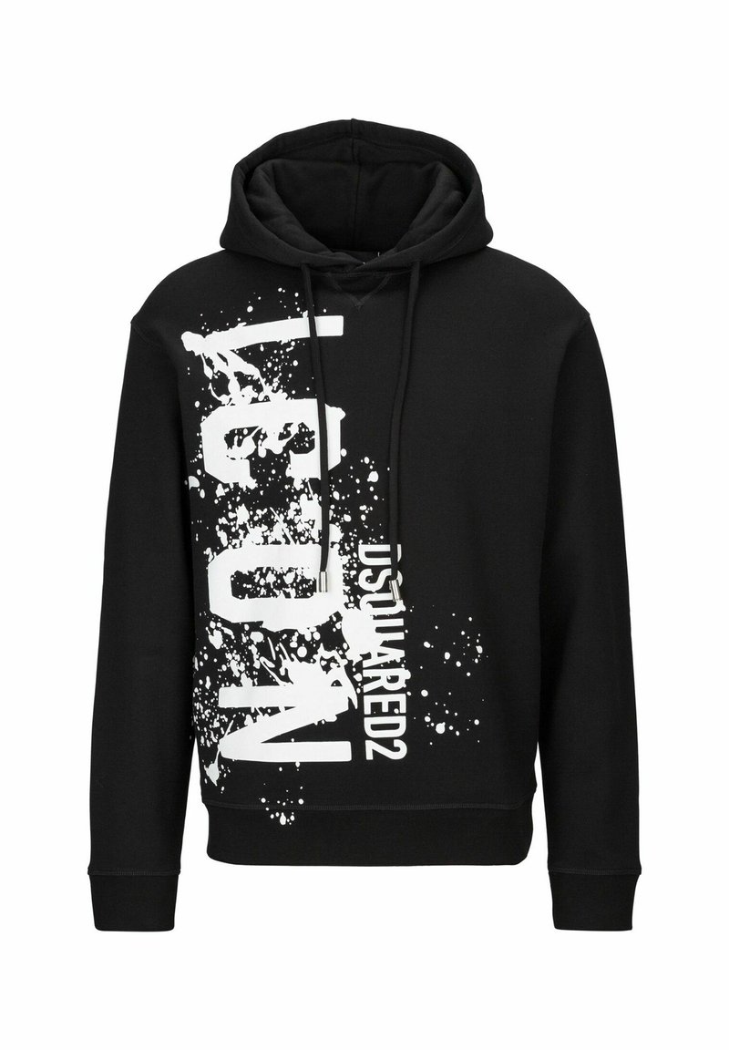 Sweat à capuche noir avec éclaboussures de peinture blanche et grand texte vertical « ICON » accompagné d'un plus petit logo « DSQUARED2 » sur le côté avant gauche.