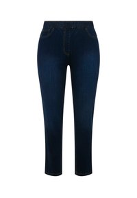 Jeans de mezclilla en azul oscuro, con una cinturilla elástica, bolsillos delanteros y corte recto. Textura suave con costuras en contraste.