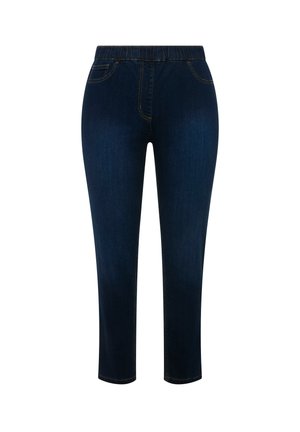 Denim jeans in dark blue, featuring an elastic waistband, front pockets, and straight-leg cut. Smooth texture with contrast stitching.