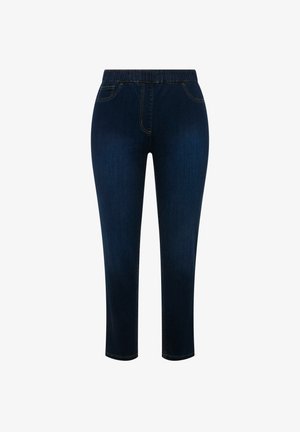 Tummansiniset farkut, joissa on joustava vyötärö, etutaskut ja suora lahje. Silkkinen pinta ja kontrastivärinen ommel.