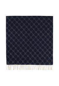 Navy patterned blanket featuring an intricate circular design, finished with textured white fringes along the edge. Soft fabric material.