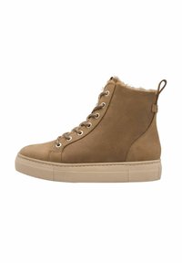 Braune High-Top-Sneaker aus strukturiertem Leder, mit weichem Fellbesatz, Schnürdesign und dicker Gummisohle.