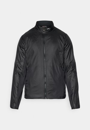 Svart lett zip-up jakke med høy krage og strukturert stoff; har sidepaneler for økt fleksibilitet.