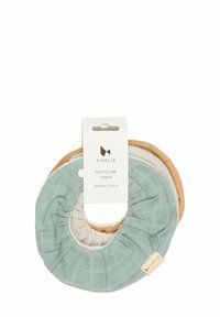 Trojdielny set podbradníkov s volánikmi, vyrobených z organickej bavlny. Vyznačujú sa jemnou textúrou v mintovej zelenej, svetlo béžovej a hnedej farbe. S pripevnenou visačkou.