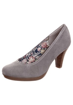 Gray suede high-heeled shoe with rounded toe, white stitching, and floral-patterned lining. Block heel provides stability.