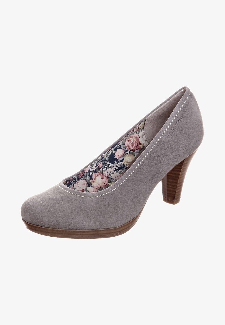Chaussure à talon haut en daim gris avec bout arrondi, couture blanche et doublure à motifs floraux. Le talon bloc offre de la stabilité.