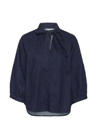 Navy blue denim blouse with a tie neckline, featuring long, puffed sleeves and a curved hem. Simple and elegant design.
