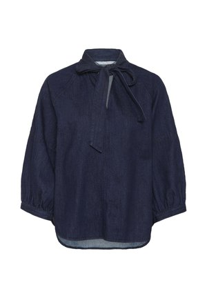 Navy blue denim blouse with a tie neckline, featuring long, puffed sleeves and a curved hem. Simple and elegant design.