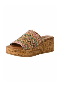 Sandal con zeppa e fascia superiore intrecciata multicolore con motivo zigzag, e suola in sughero.