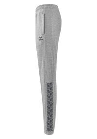 Graue Sweatpants aus weichem Stoff mit schmal zulaufendem Design, elastischem Bund, Seitentasche und einem gemusterten Streifen entlang des Beins.
