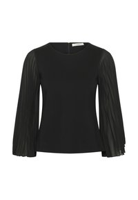 Top nero con corpino solido e maniche lunghe plissettate e trasparenti. Collo rotondo con chiusura discreta a zip sul retro. Tessuto liscio.
