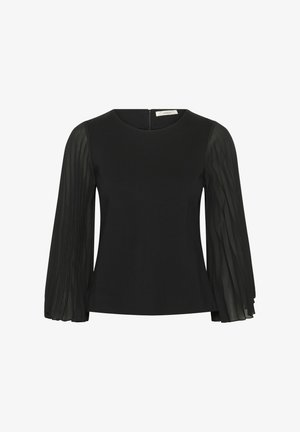 Svart topp med ett fast bodice och plisserade, genomskinliga långärmar. Rund nacke med en diskret dragkedja bak. Slät textur.