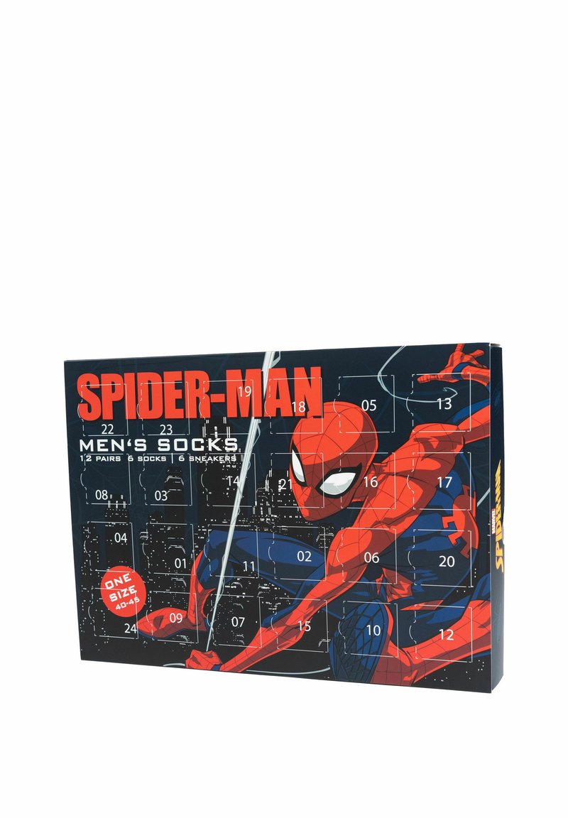 Spider-Man men's socks advent calendar, featuring vibrant red and blue graphics, 24 numbered doors, and text detailing. 12 pairs total, one size.