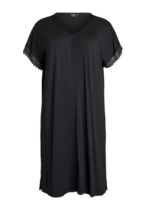 Lockeres schwarzes knielanges Kleid mit V-Ausschnitt und kurzen Ärmeln, verziert mit feiner Spitzenbesatz am Kragen und an den Manschetten.