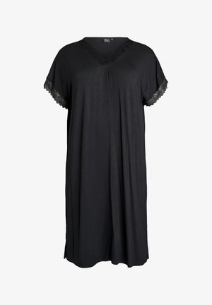 Robe noire ample jusqu'aux genoux avec un décolleté en V et des manches courtes ornées d'une délicate bordure en dentelle sur le col et les poignets.