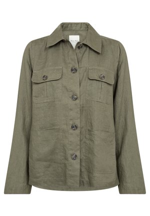 Khaki líný sako s límcem, dlouhými rukávy, dvěma náprsními kapsami a šesti knoflíky vpředu. Texturovaný povrch látky.