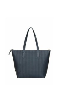 Sac fourre-tout bleu marine présentant un motif texturé, deux poignées supérieures et une fermeture éclair. Fabriqué en matériau durable avec des lignes épurées.