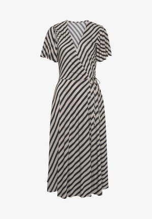 Abito a portafoglio in tessuto leggero, caratterizzato da strisce orizzontali nere e crema, maniche corte a sbuffo, scollatura a V e una cintura da annodare in vita.