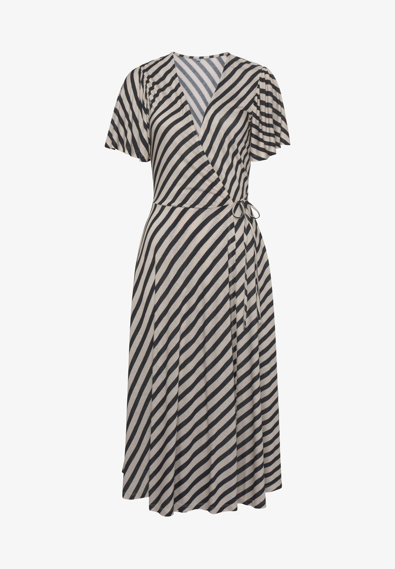 Uppsittande klänning i lätt tyg, med svarta och krämfärgade horisontella ränder, korta fladdrande ärmar, V-ringning och ett knytbälte i midjan.