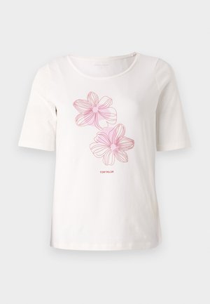 T-shirt branco de manga curta feito de algodão, com um design floral em rosa e texto "TOM TAILOR" abaixo da ilustração.
