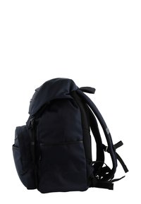 Navy blue backpack with padded shoulder straps, external pocket, and zip closure. Waterproof material and a rounded top design.