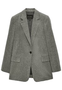 Szary wełniany żakiet o dopasowanym kroju, z dwiema przednimi kieszeniami, zapięciem na jeden guzik i klapami. Tkany materiał z subtelnym wzorem.