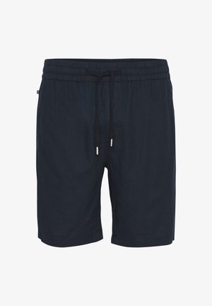 Granatowe kąpielówki wykonane z lekkiego materiału. Posiadają elastyczny pas z możliwością regulacji i boczne kieszenie. Gładka tekstura.