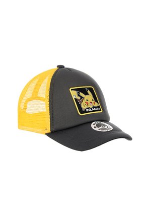 Gray and yellow mesh baseball cap with Pikachu patch on front and a circular Pokémon logo sticker on the brim.