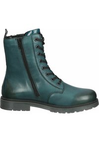 Bottine en cuir bleu sarcelle avec lacets à l'avant, fermeture éclair latérale et semelle en caoutchouc noir texturée. Caractérisée par une tige lisse et des détails de couture subtils.