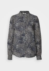 Blusa a motivi navy con chiusura frontale a bottoni, caratterizzata da un design maculato in crema e azzurro chiaro. Maniche lunghe con polsini a bottoni.