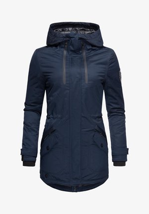 Navy blue insulated jacket with a hood, featuring two vertical zippers, side pockets, and ribbed cuffs. Smooth, water-resistant material.