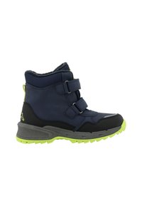 Bota de corte medio en azul marino, hecha de material sintético con detalles en verde, que cuenta con dos correas de Velcro y una suela de goma negra texturizada.